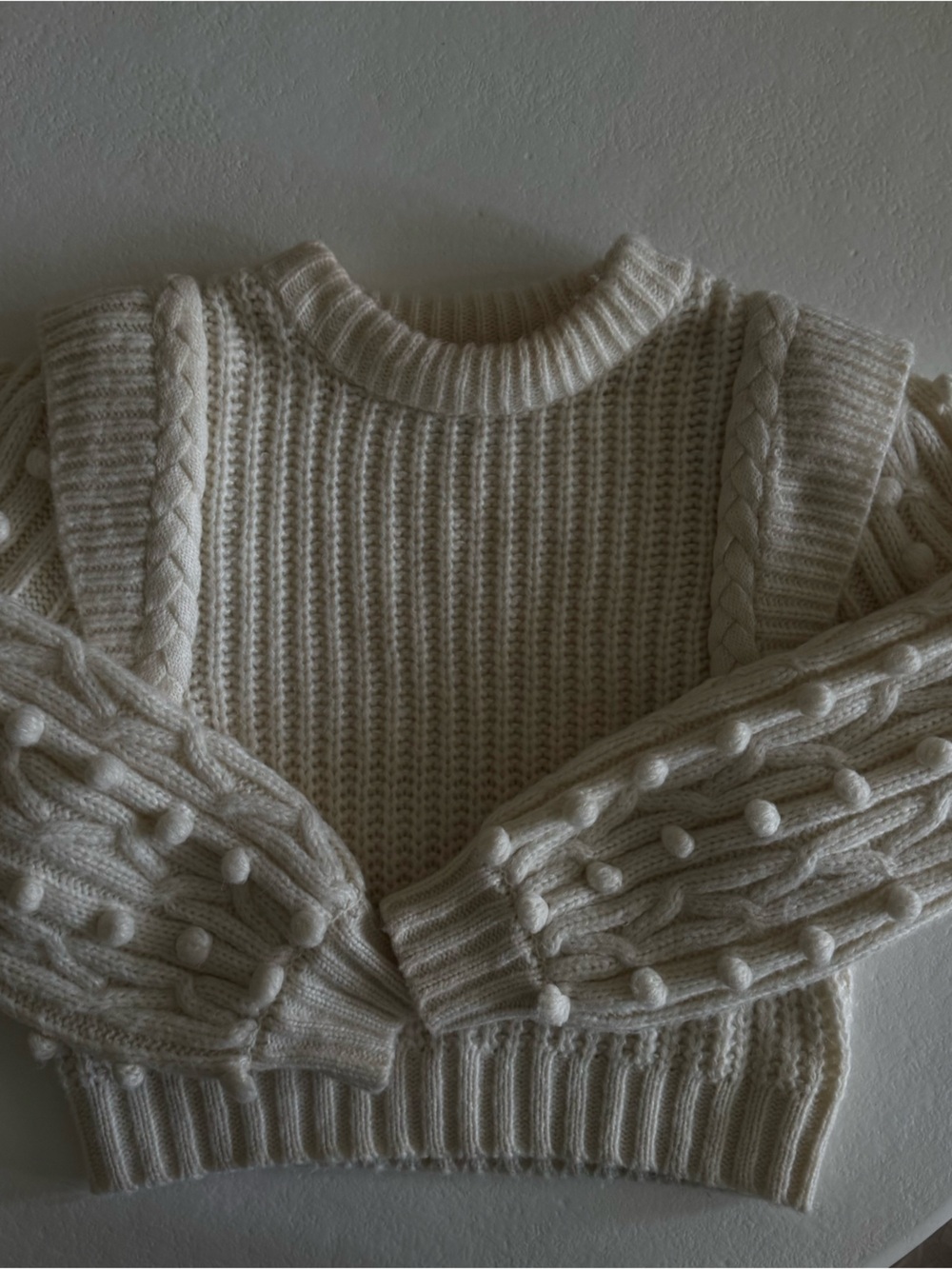 FARM Rio Cream Cable-Knit Sweater with Pom-Pom Sleeves